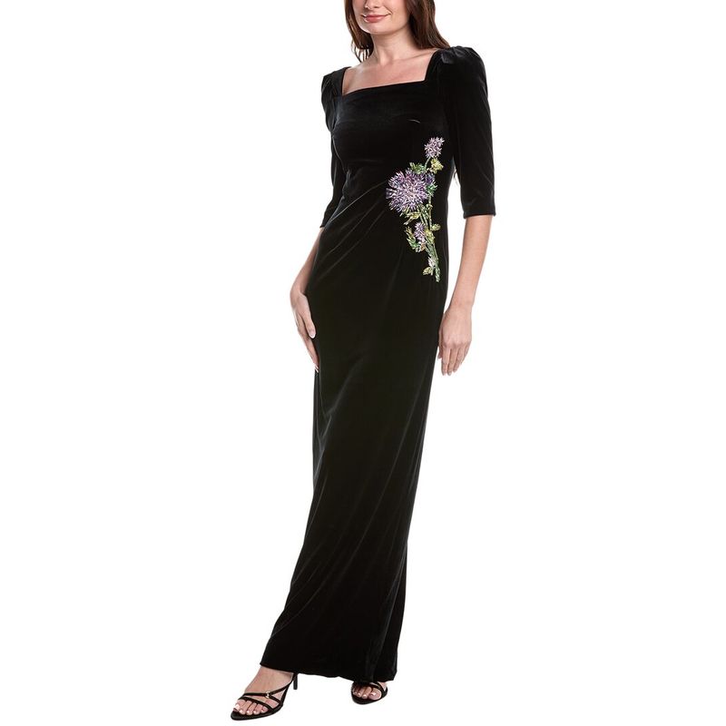 Teri Jon By Rickie Freeman Womens Velvet Elbow Sleeve Floral Applique Gown,